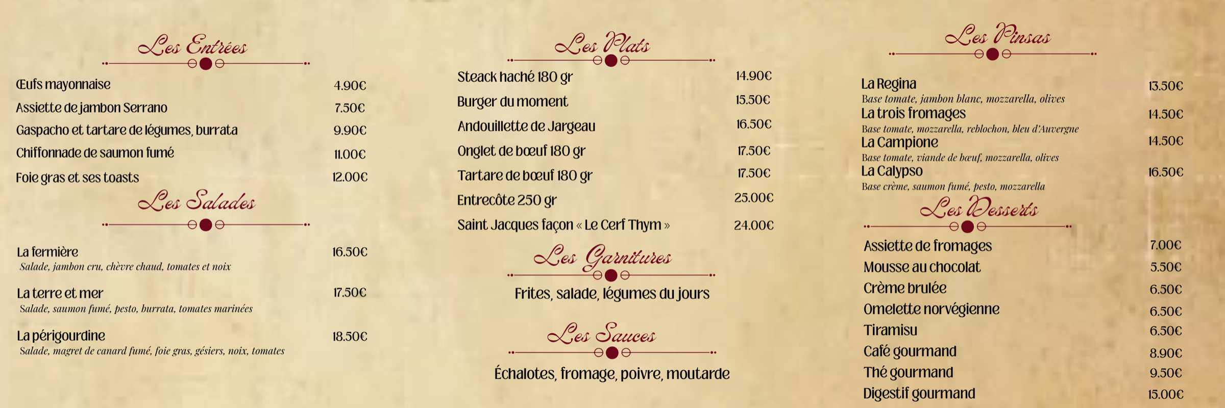 La carte — Les Entrées, Plats, Desserts